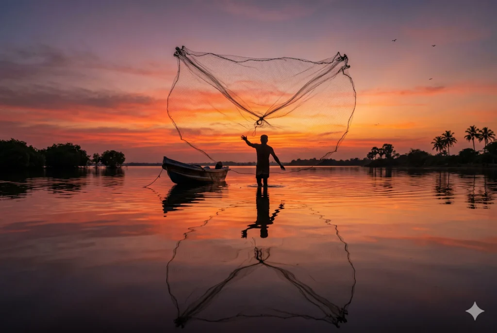 Peaceful silhouette of a fisherman casting a net in the calm Pottuvil Lagoon.