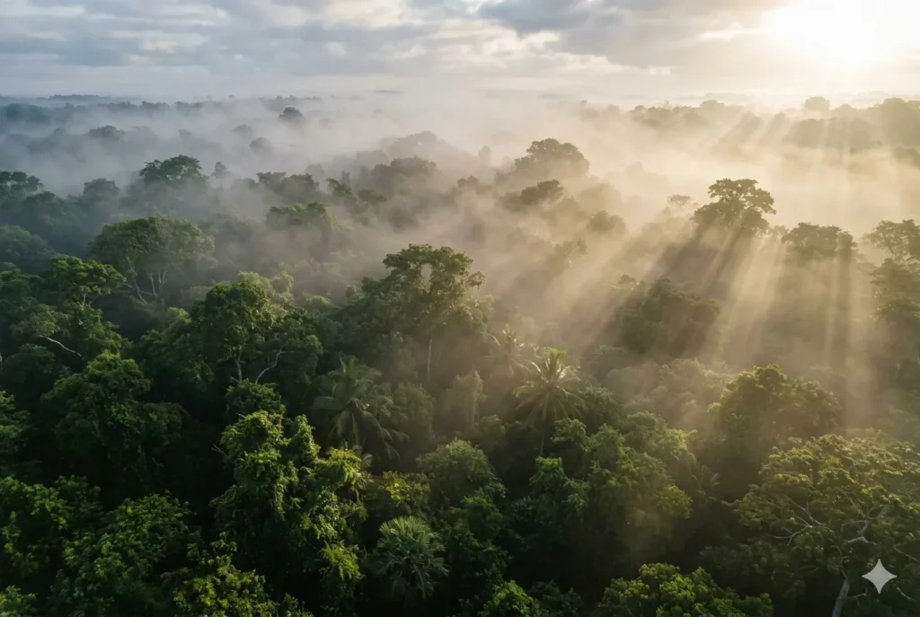 Aerial misty view of the dense Sinharaja rainforest canopy with sun rays.