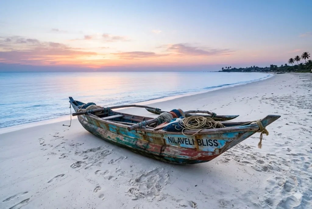 Rustic fishing boat on the white sandy shores of Nilaveli beach at dawn.
