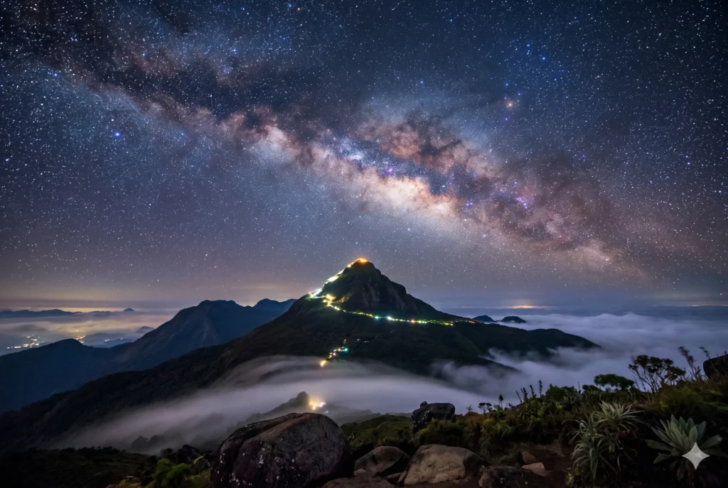 Dramatic night photography of Adam's Peak mountain under the Milky Way galaxy.