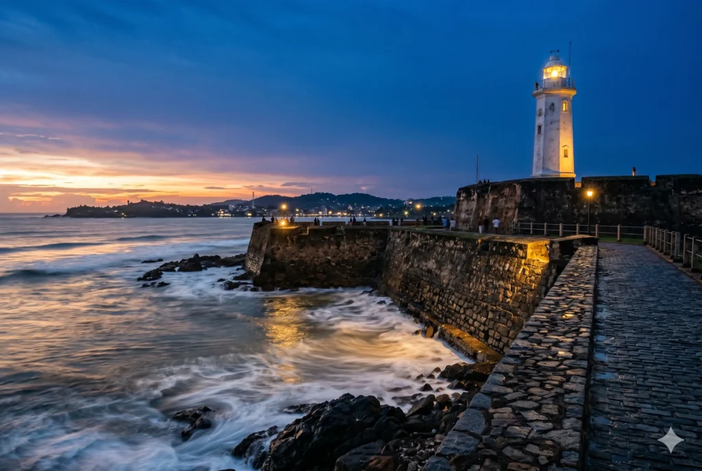 Galle Fort lighthouse at dusk with long exposure seascape