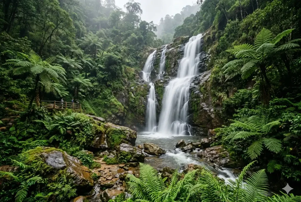 Long exposure photography of a silky waterfall in the misty hills of Nuwara Eliya.