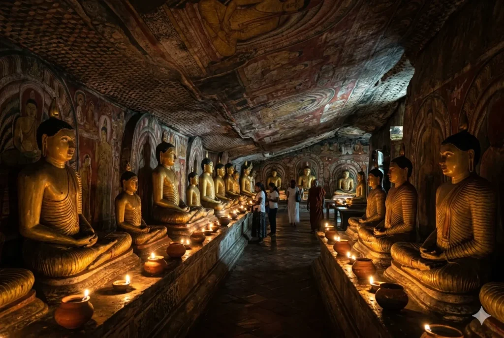 Atmospheric interior shot of Dambulla Cave Temple with golden Buddha statues and oil lamps.