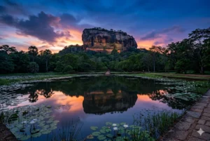 Professional landscape photography of Sigiriya Lion Rock at sunset with pond reflections.
