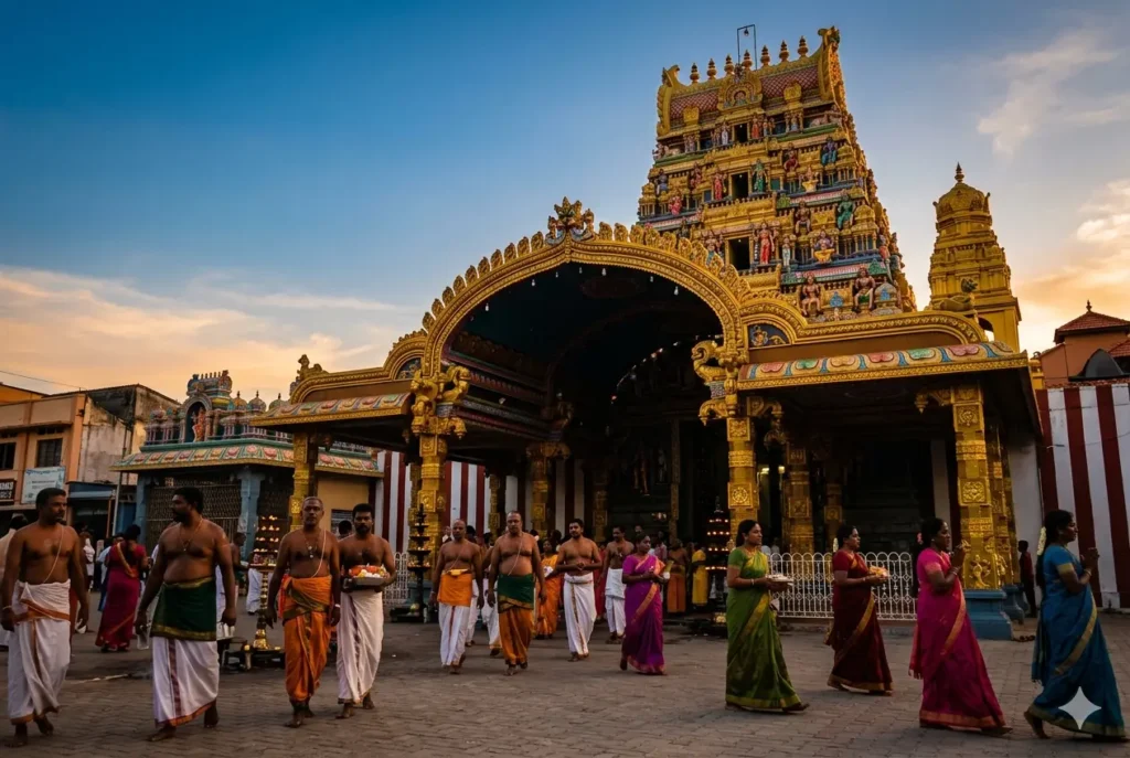 Vibrant entrance of Nallur Kovil in Jaffna during warm evening golden hour.