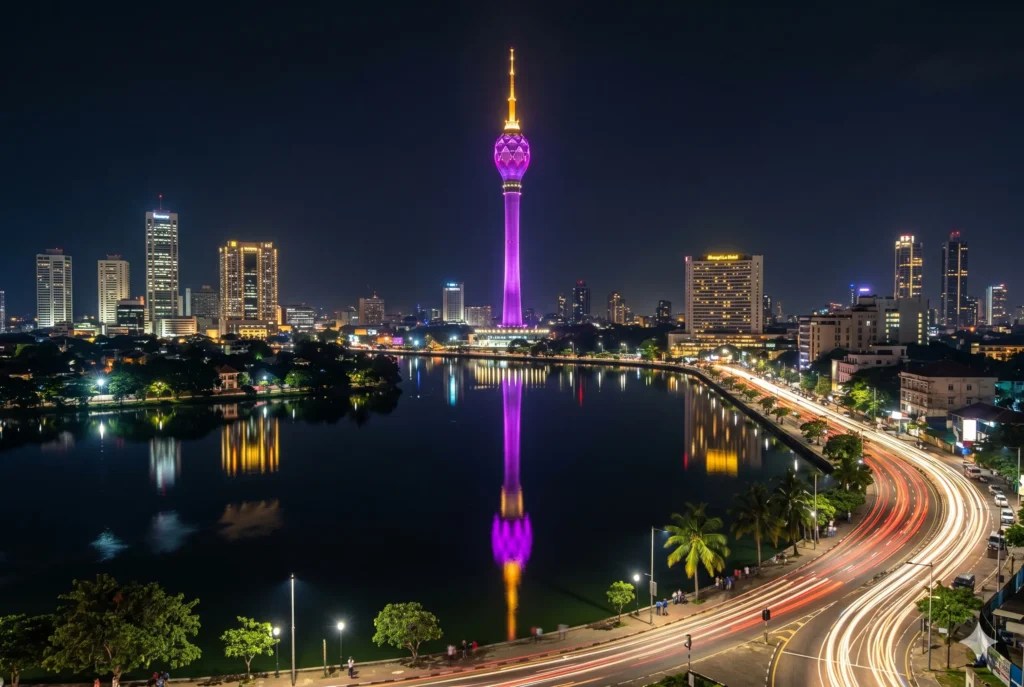Colombo skyline at night featuring the glowing Lotus Tower reflected in Beira Lake.